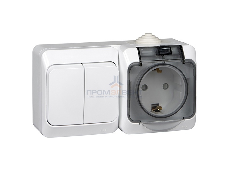 Блок выключатель двухклавишный + розетка с/з Этюд IP44 белый [уп 7шт]